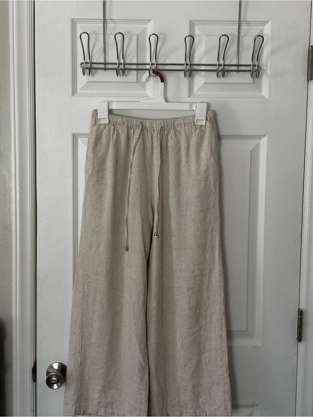 Wide-Leg Linen-Blend Pants in Light Beige — Elastic Waist and Liner